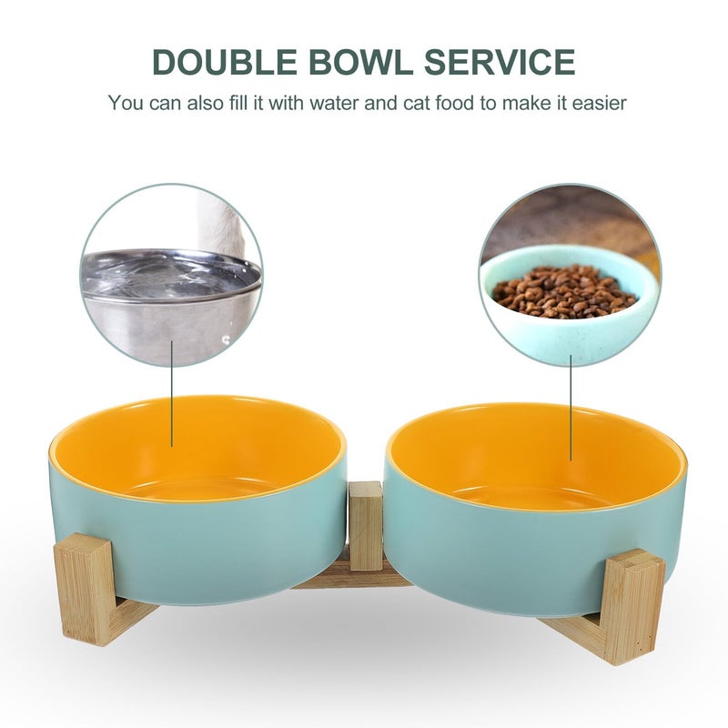 Raised Ceramic Cat Bowls Double Pet Food And Water Bowls With Anti Slip Wood Stand Small Size Matte Cream For Indoor Cats Kittens - Image 4