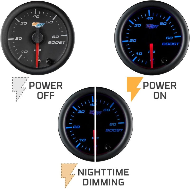 GLOWSHIFT Black 7 Color 60 PSI Turbo Boost Gauge Kit - Includes Mechanical Hose, 1/8-27 NPT Fittings & Wiring - Multi-Color Display - Black Dial - Clear Lens - for Diesel Trucks - 2-1/16" 52mm - Image 5