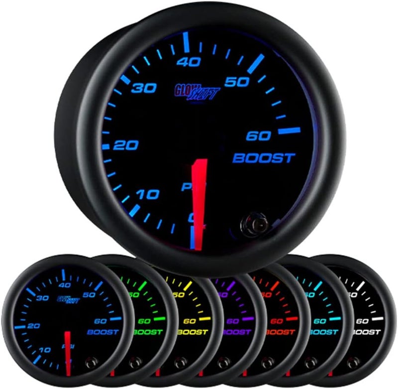 GLOWSHIFT Black 7 Color 60 PSI Turbo Boost Gauge Kit - Includes Mechanical Hose, 1/8-27 NPT Fittings & Wiring - Multi-Color Display - Black Dial - Clear Lens - for Diesel Trucks - 2-1/16" 52mm - Image 1