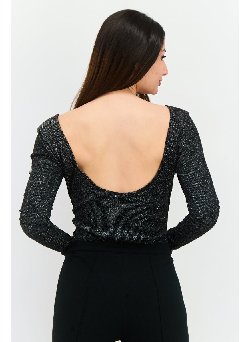 Kappa Women Textured Long Sleeve Bodysuit, Black  - Image 3