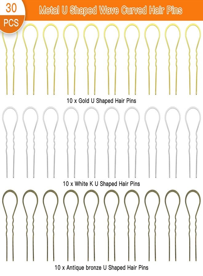 Oubaka 30Pcs Metal U Shaped Wave Curved Hair Pins,Ladies Hair Bun Hair Pin Long Hair Fork Pins Chopsticks Hairpins Picks for Women,Hair Styling Tool(Gold,white K,Antique bronze) - Image 2