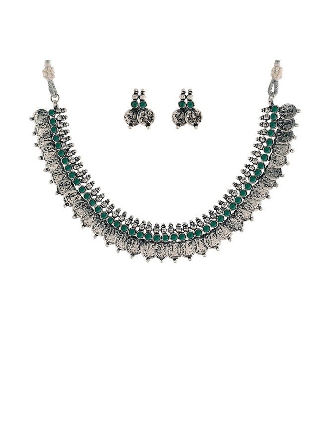 I Jewels I Jewels Navratri Silver Oxidised Traditional Style Coin Necklace With Earrings For Women & Girls (MC063ZG)  - Image 1