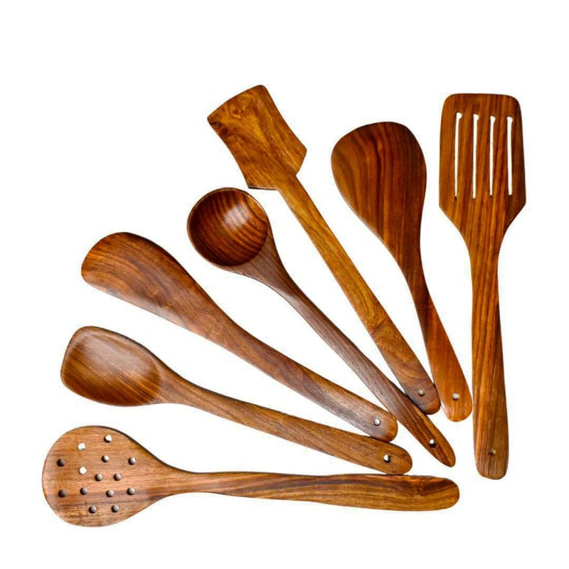 VG CRAFT Sheesham Wood Spoon Set for Cooking Includes Dessert Rice Spoons, Frying Serving Spatula, Wooden for Nonstick Cookware Kitchen Utensils and Cooking Spoon (Set of 7) - Image 5