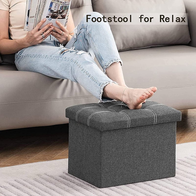 AAGNA Home Foldable Storage Ottoman Long Shoes Sofa Bench Fabric Linen Footrest Stool for Laundry Storage Space End Bed Storage Seat Toys Storage Organizer Bin Box Grey 17X13X13 CM - Image 2