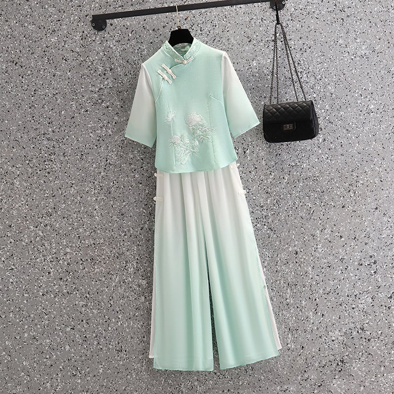 Vintage Chinese Top Set Large Size Chinese Style Seven-Point Sleeve Cheongsam Peony Embroidered Gradient Pants Two-Piece Set - Image 4