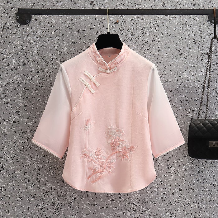 Vintage Chinese Top Set Large Size Chinese Style Seven-Point Sleeve Cheongsam Peony Embroidered Gradient Pants Two-Piece Set - Image 1