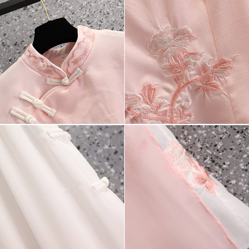 Vintage Chinese Top Set Large Size Chinese Style Seven-Point Sleeve Cheongsam Peony Embroidered Gradient Pants Two-Piece Set - Image 5