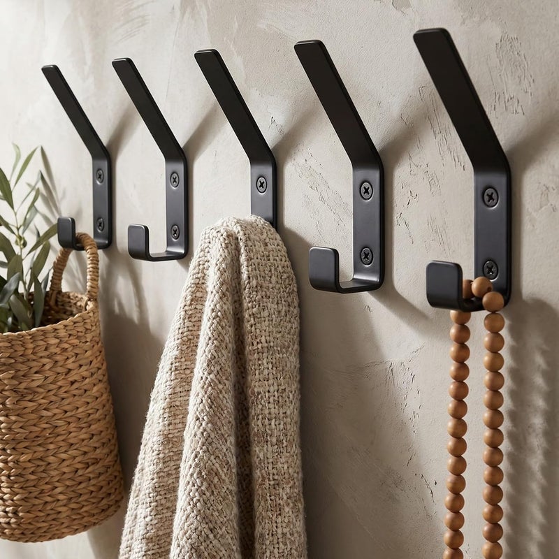 KIBAGA Decorative Coat Hooks For Wall Mount Set of 5 - Stylish and Sturdy Black Metal Double Hooks Are Perfect To Hang Your Jackets, Towels Or Hats - A Modern Addition To Any Farmhouse or Minimal Home  Decor - Image 1