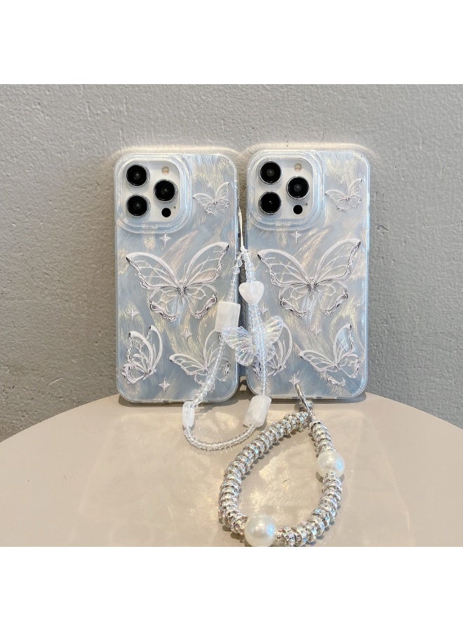 NIBEMINENT Laser Shell Pattern Protective TPU Case Cover For iPhone 15 Plus, Silver Butterfly With Double Pearl Diamond Chain - Image 2