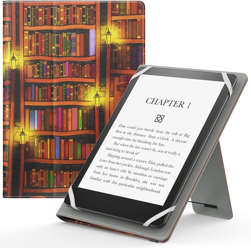 MoKo Universal Case for 6 6.8 7 Inch Protective Case with Hand Strap & Adjustable Stand for Kobo Clara 2E/Fire Tablet/Kindle/Kobo/Voyaga/Lenovo/Sony Kindle eBooks E-Reader Tablet, Retro Library - Image 1
