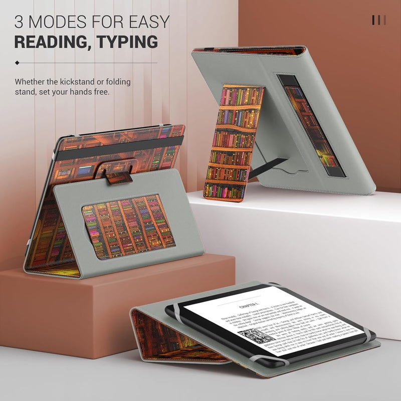 MoKo Universal Case for 6 6.8 7 Inch Protective Case with Hand Strap & Adjustable Stand for Kobo Clara 2E/Fire Tablet/Kindle/Kobo/Voyaga/Lenovo/Sony Kindle eBooks E-Reader Tablet, Retro Library - Image 2