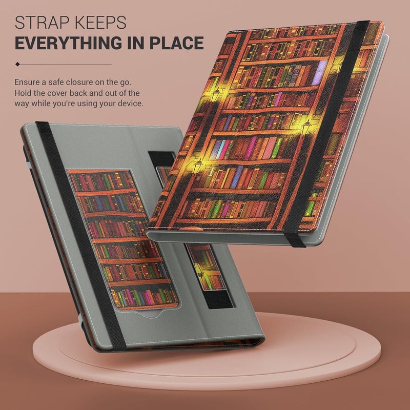 MoKo Universal Case for 6 6.8 7 Inch Protective Case with Hand Strap & Adjustable Stand for Kobo Clara 2E/Fire Tablet/Kindle/Kobo/Voyaga/Lenovo/Sony Kindle eBooks E-Reader Tablet, Retro Library - Image 5