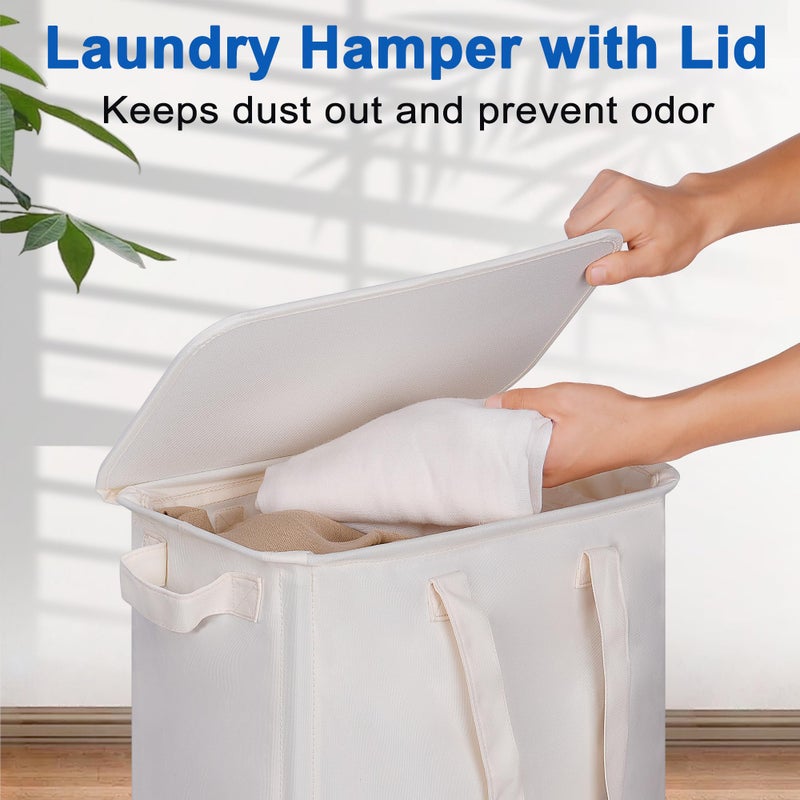 Vincona Slim Laundry Hamper with Lid and Wheels, Small Rolling Laundry Basket with Handle for Small Spaces, Tall Dirty Clothes Hampers for Dorm, Bathroom and Bedroom, 55L, Beige - Image 3