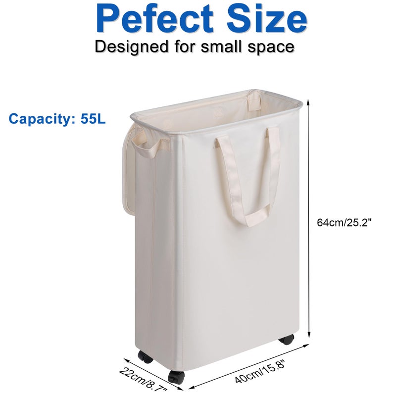 Vincona Slim Laundry Hamper with Lid and Wheels, Small Rolling Laundry Basket with Handle for Small Spaces, Tall Dirty Clothes Hampers for Dorm, Bathroom and Bedroom, 55L, Beige - Image 5