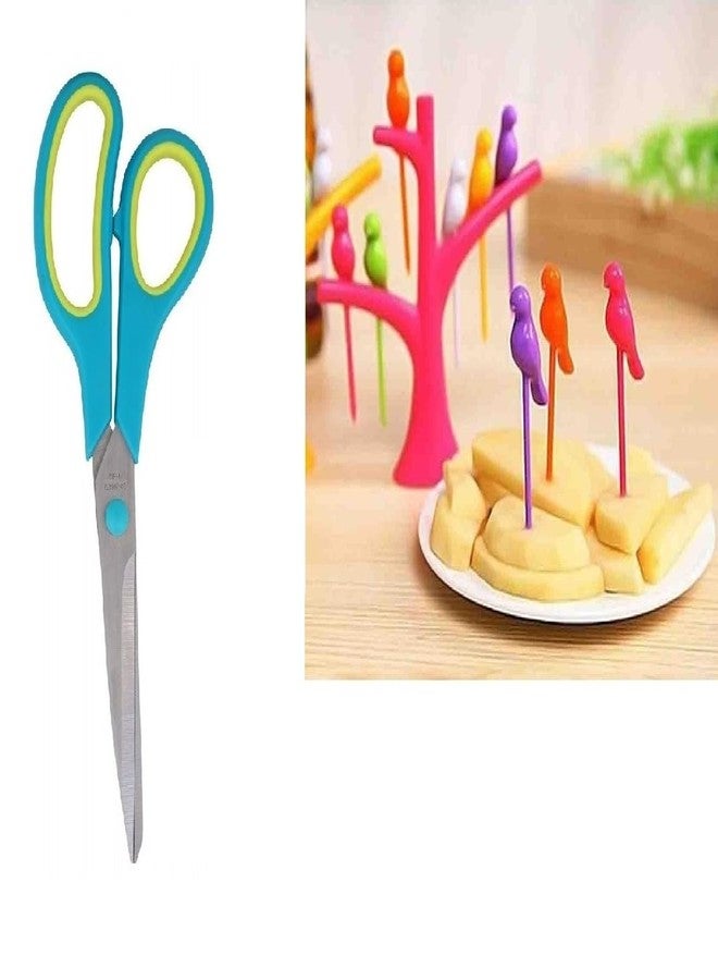 BLUE WONDER Large Multicolor Scissor for All Purpose 213Mm Combo Plastic Bird Fruit Fork Set with Stand 6-Pieces Multicolour | Multipurpose Tool | Sturdy & Lightweight | Multicolour | Pack of 2