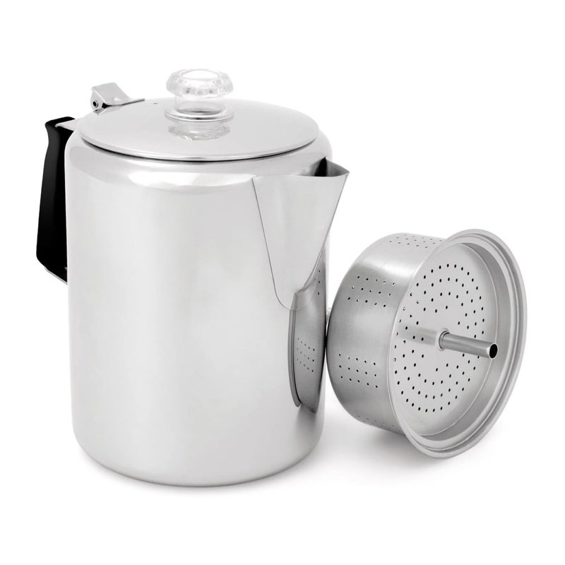 GSI Outdoors Percolator Coffee Pot I Glacier Stainless Steel with Silicone Handle for Camping Backpacking Travel RV Hunting Stove Safe 12 Cup