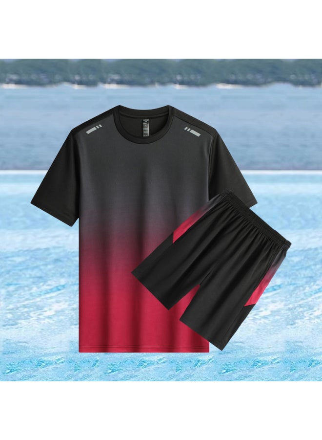 Loquat Plus Size Loose Swimsuit Men's Suit Swimming Trunks Quick-drying Top Sun-proof Boys Swimsuit Hot Spring Adult Older Children-Color:Black And Gray Two-piece Set- - Image 3