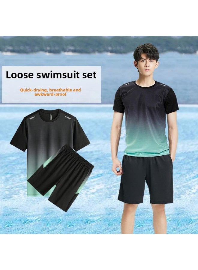 Loquat Plus Size Loose Swimsuit Men's Suit Swimming Trunks Quick-drying Top Sun-proof Boys Swimsuit Hot Spring Adult Older Children-Color:Black And Gray Two-piece Set- - Image 2