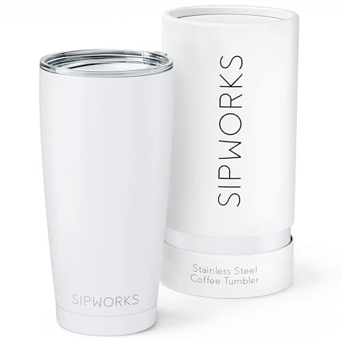 Sipworks Stainless Steel Coffee Tumblers with Lids - 20z Double Walled Vacuum Insulated for Hot & Cold Drinks - Spill Resistant Travel Tumbler - Arctic White - Image 1