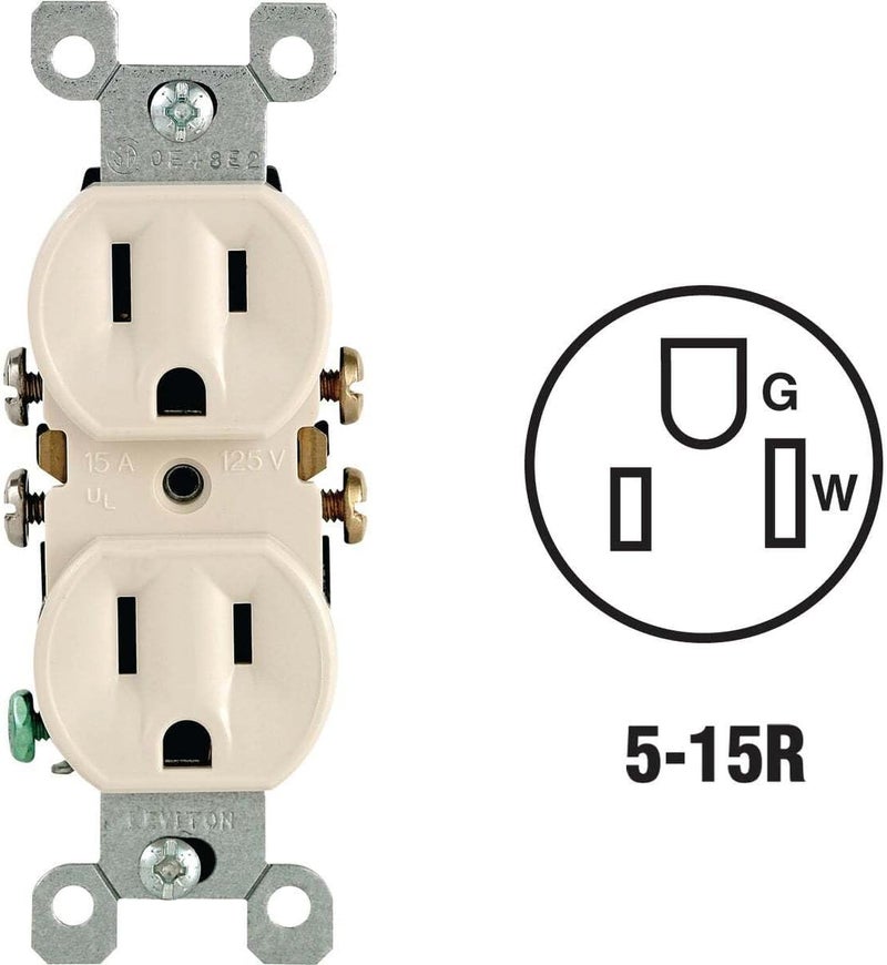 15 Amp, 125 Volt, Duplex Receptacle, Residential Grade, Grounding, All Screws Backed Out, 5320-TCP, Light Almond