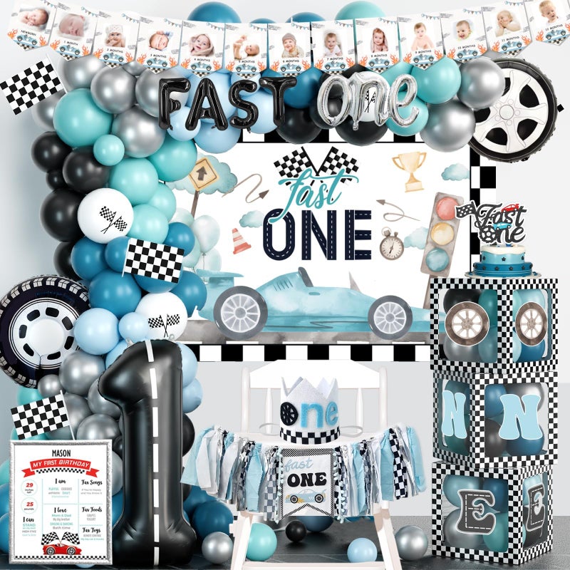Fiesec Fast One Birthday Decorations for Boys 1st Birthday Decorations Boy Vintage Car Themed Backdrop Balloon Banner Boxes Crown Poster for Retro Blue First Party Supplies