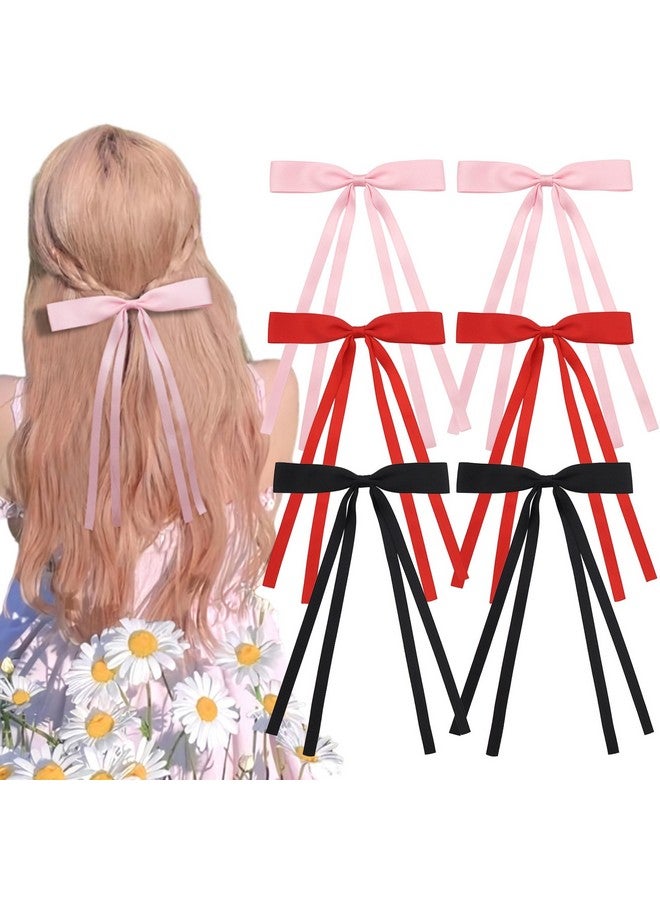 Yxiang 6PCS Hair Accessories for Girls - Bowknot Tassel Barrettes with Long Tail Ribbon Bows and Bow Details in Black, Red, Pink - Image 1