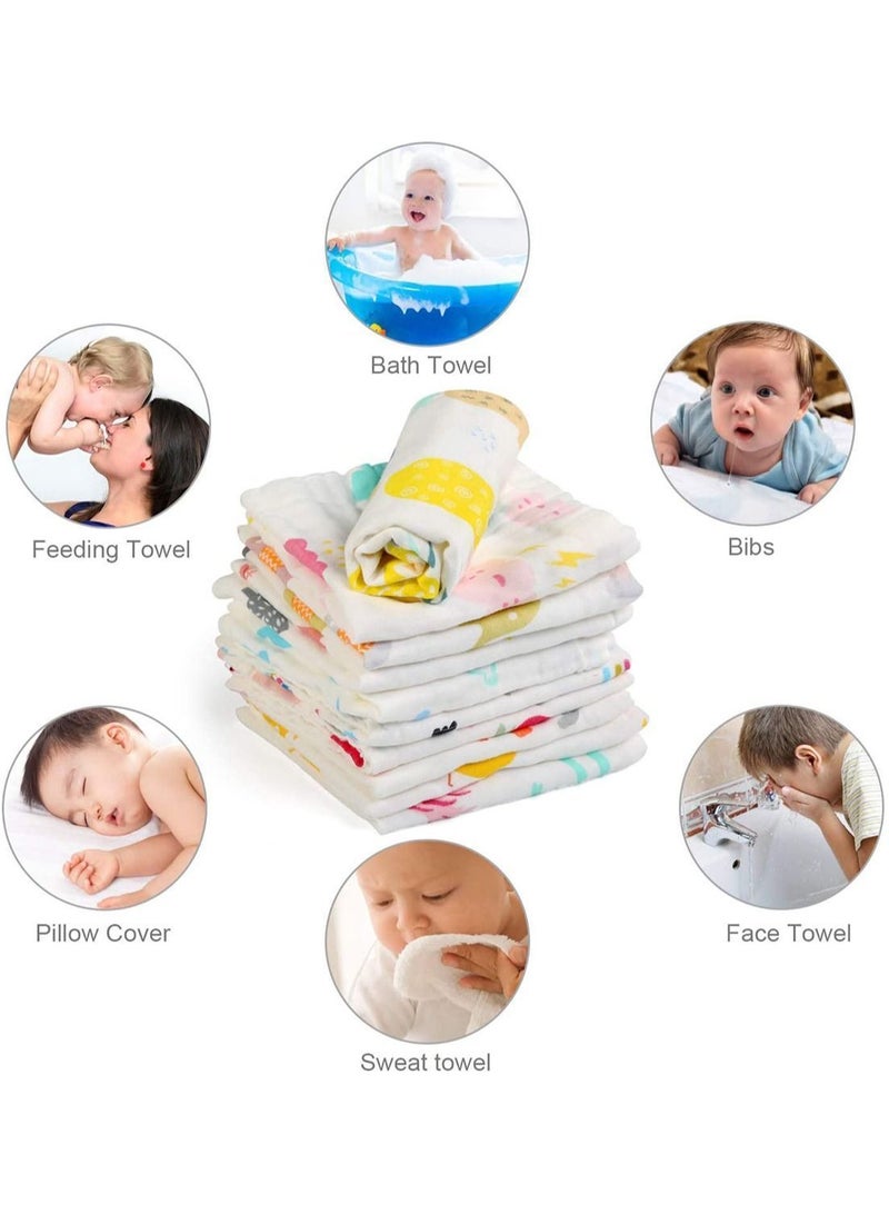 Y&D 10Pcs Muslin Washcloths Cotton Natural Baby Towels with Printed Design Soft Newborn Towel for Sensitive Skin - Image 2
