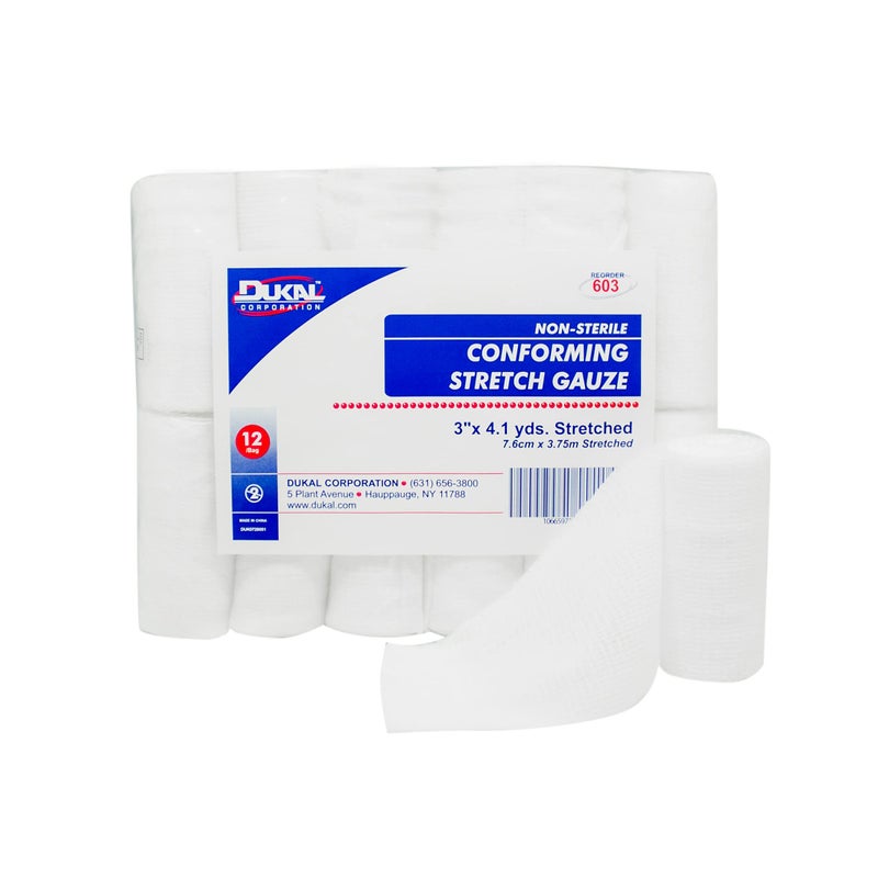 Dukal-603 Conforming Stretch Gauze, Non-Sterile, 3" W x 4.1 yd. L (12 Bags of 8) (Pack of 96) - Image 1