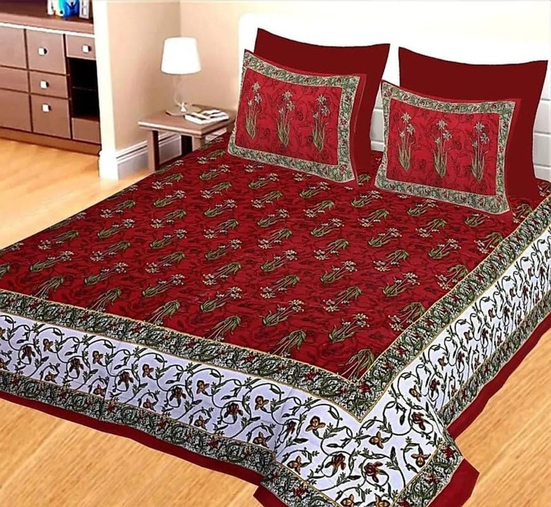 E-WISH BOX EWISH BOX 100 Cotton Rajasthani Jaipuri Queen Size Double Bedsheets with 2 Pillow Covers Red - Image 1