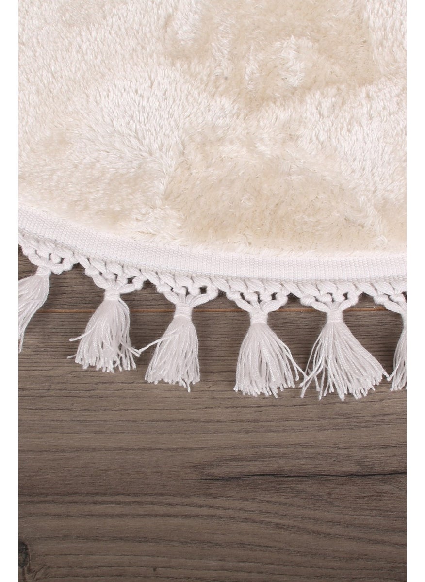 Bonny Home Relax Cream Round 120X120 cm Pompom Fringed Non-Slip Based Machine Washable Bath Mat  - Image 2
