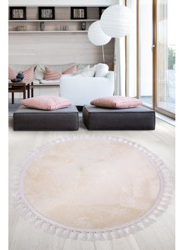 Relax Cream Round 120X120 cm Pompom Fringed Non-Slip Based Machine Washable Bath Mat
