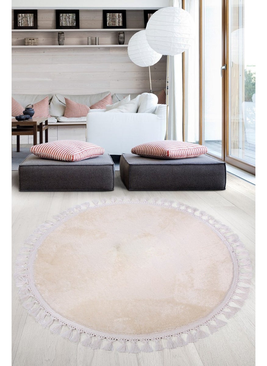Bonny Home Relax Cream Round 120X120 cm Pompom Fringed Non-Slip Based Machine Washable Bath Mat  - Image 1