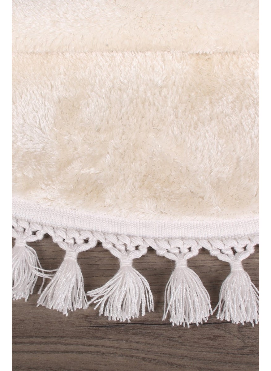 Bonny Home Relax Cream Round 120X120 cm Pompom Fringed Non-Slip Based Machine Washable Bath Mat  - Image 4