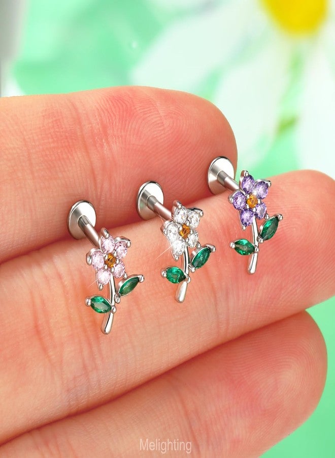 Melighting MeIighting Flower Helix Earring 16G Internally Threaded Cartilage Earring Stainless Steel 316L Clear CZ 8 mm Flat Back Earring Tragus Stud Conch Earring for Women - Image 2