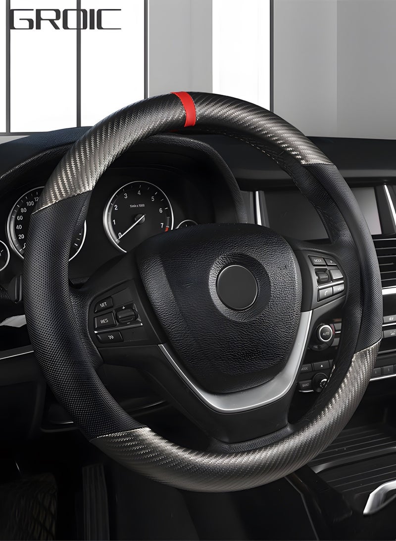 GROIC Carbon Fiber Car Steering Wheel Cover, Universal 15 inch Breathable Anti Slip Steering Wheel Covers, Car Interior Accessories, Fit for Most Car, Trucks, SVU - Image 1