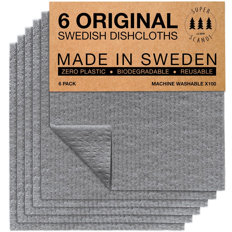 SUPERSCANDI 6 Pack Swedish Dishcloths for Kitchen - 100% Biodegradable & Compostable Reusable Paper Towels Washable, Food-Safe & Without Plastic - Dish Rags Suitable for Any Surface, Grey - Image 1