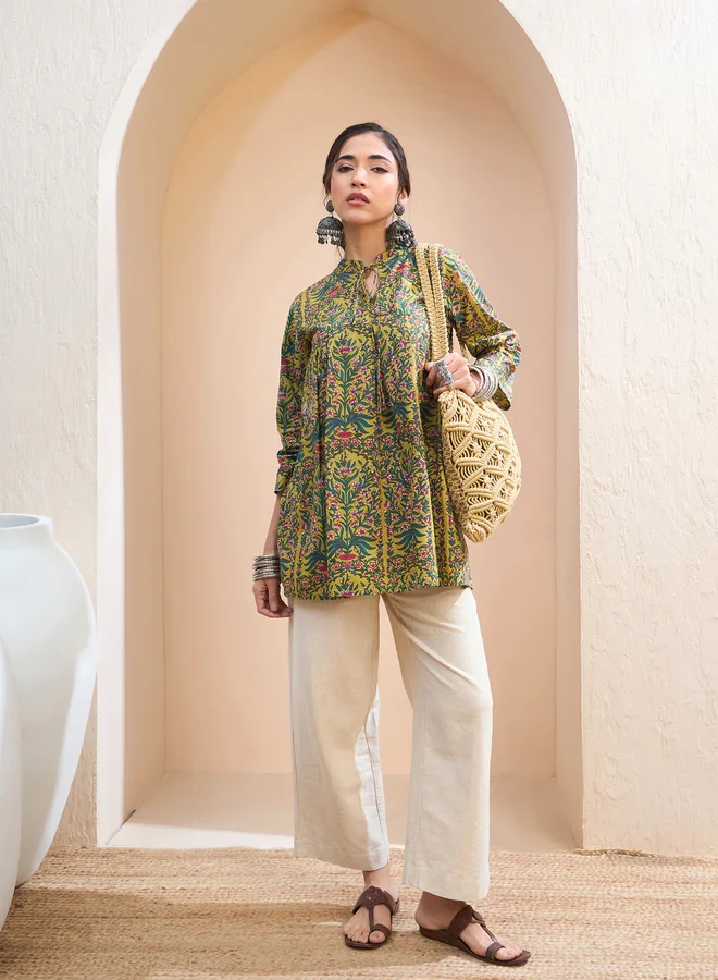 SASSAFRAS SASSAFRAS Dark Mustard Floral Cambric Front Tie Knot Kurti