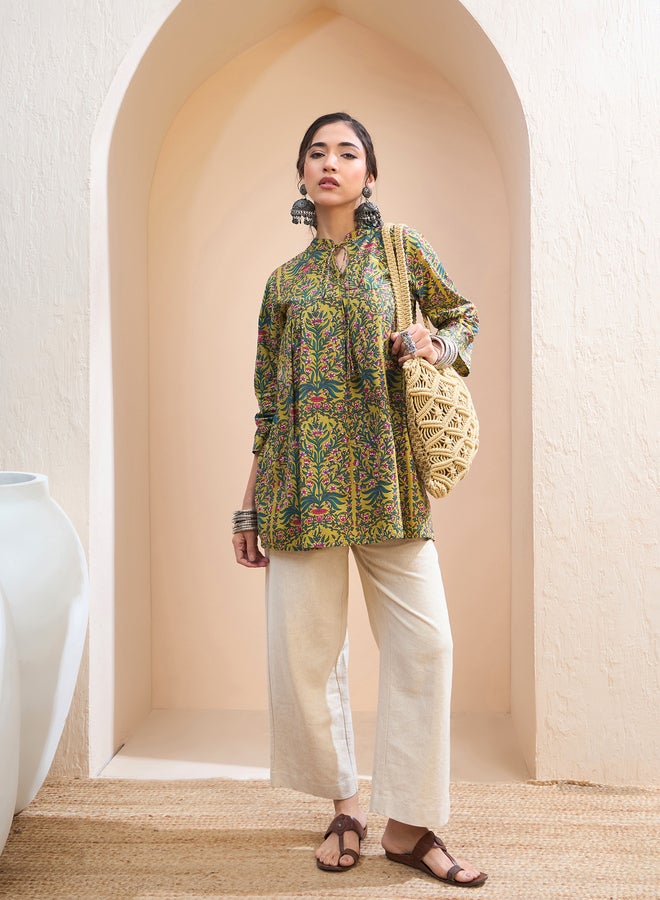 SASSAFRAS Dark Mustard Floral Cambric Front Tie Knot Kurti - Image 2