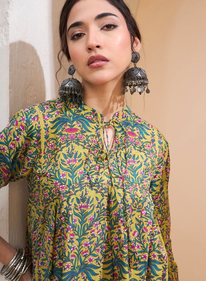 SASSAFRAS Dark Mustard Floral Cambric Front Tie Knot Kurti - Image 4