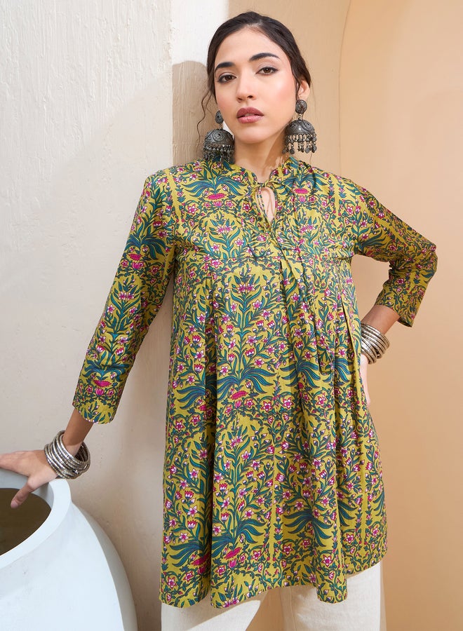 SASSAFRAS Dark Mustard Floral Cambric Front Tie Knot Kurti - Image 1