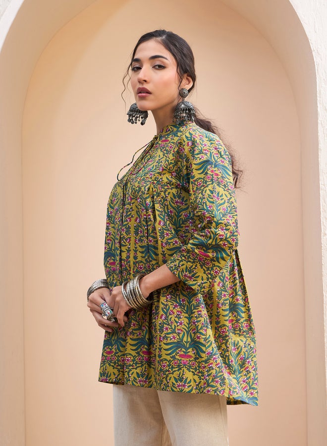 SASSAFRAS Dark Mustard Floral Cambric Front Tie Knot Kurti - Image 3