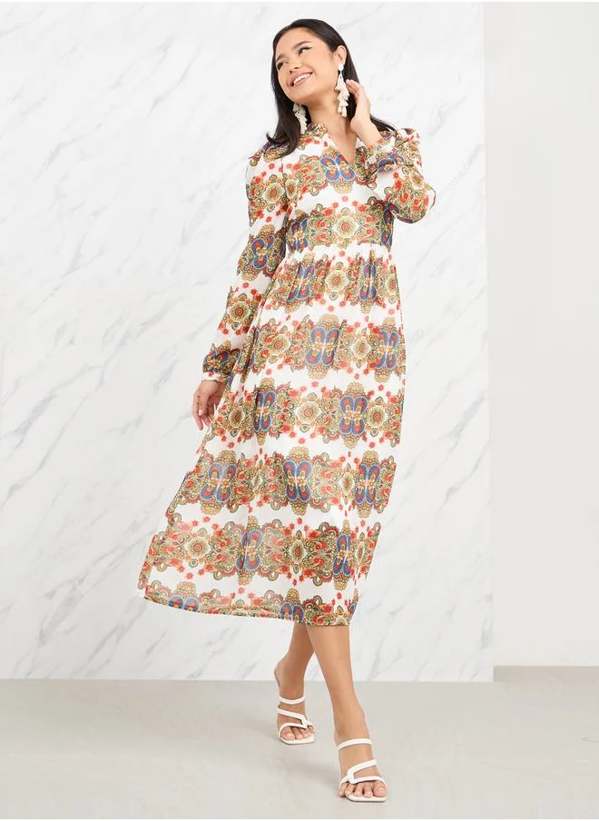 Styli Bohemian Print Notch Neck A-Line Midi Dress