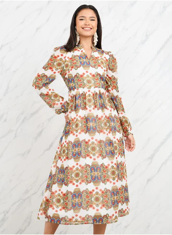 Styli Bohemian Print Notch Neck A-Line Midi Dress