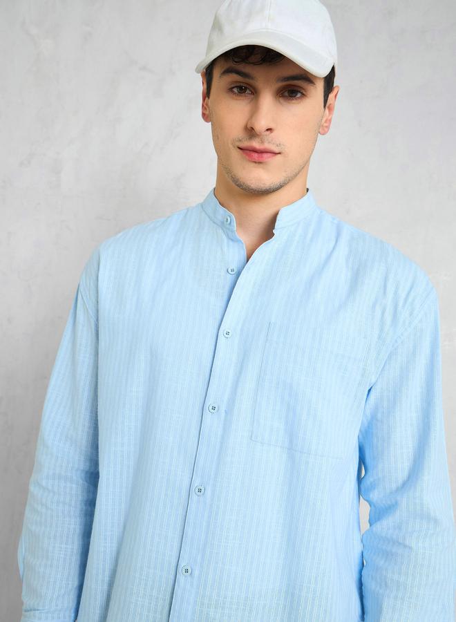 SASSAFRAS Men Blue Striped Mandarin Collar Relaxed Fit Shirt - Image 2