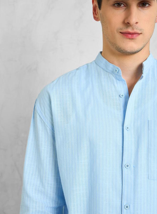 SASSAFRAS Men Blue Striped Mandarin Collar Relaxed Fit Shirt - Image 4