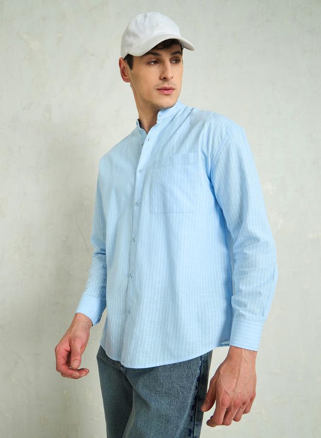 SASSAFRAS Men Blue Striped Mandarin Collar Relaxed Fit Shirt - Image 3