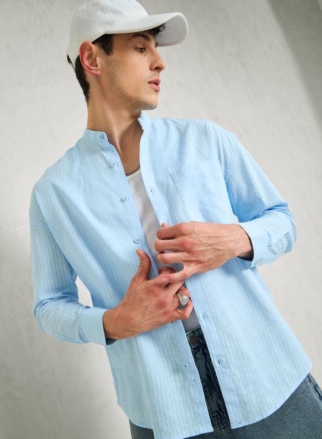 SASSAFRAS Men Blue Striped Mandarin Collar Relaxed Fit Shirt - Image 1