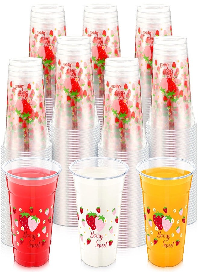 Potchen 100 Pcs 12 oz Strawberry Disposable Plastic Cups Strawberry Flower Clear Plastic Cups Pink Red Party Favors for Birthday Baby Shower Summer Fruit Party - Image 1