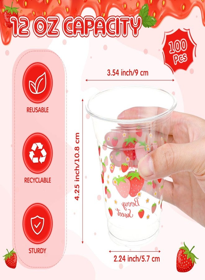 Potchen 100 Pcs 12 oz Strawberry Disposable Plastic Cups Strawberry Flower Clear Plastic Cups Pink Red Party Favors for Birthday Baby Shower Summer Fruit Party - Image 3