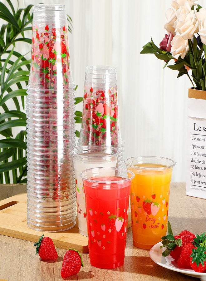 Potchen 100 Pcs 12 oz Strawberry Disposable Plastic Cups Strawberry Flower Clear Plastic Cups Pink Red Party Favors for Birthday Baby Shower Summer Fruit Party - Image 2